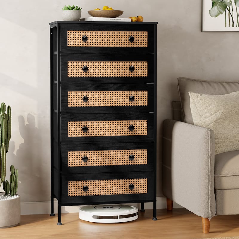 6-Drawer Chest Faux Rattan Fabric Drawers Dresser Storage Cabinet Bedroom Organizer - 1-piece, Black - 6-drawer