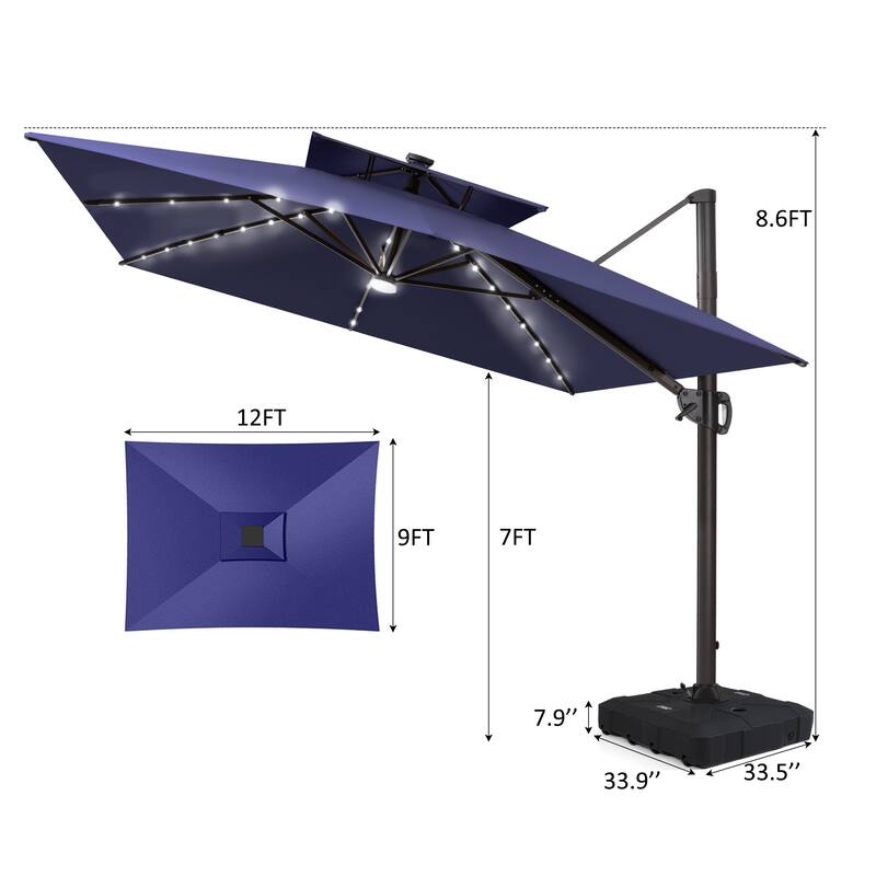 12 x 9 FT Outdoor Patio Aluminum Cantilever Umbrella with Solar Lights Double Canopy with Wheel Base