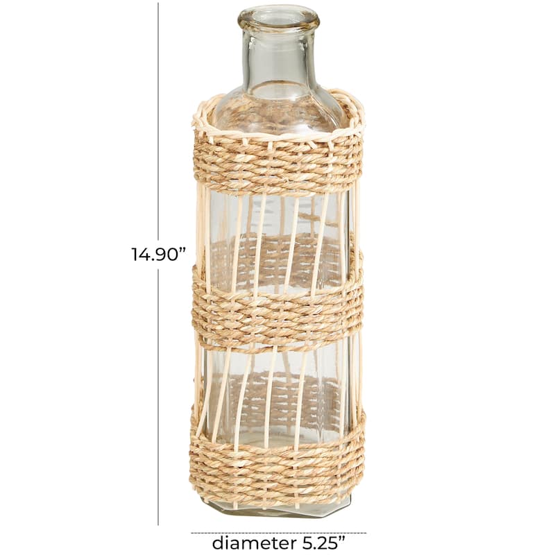 Handcrafted Clear Glass Vase with Light Brown Rattan Woven Body