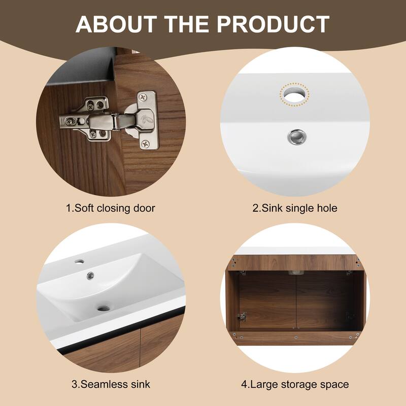 GDFStudio - Levistar Modern Wall-Mounted Bathroom Vanity Set with Scratch-Resistant Resin Sink & Soft Close Doors