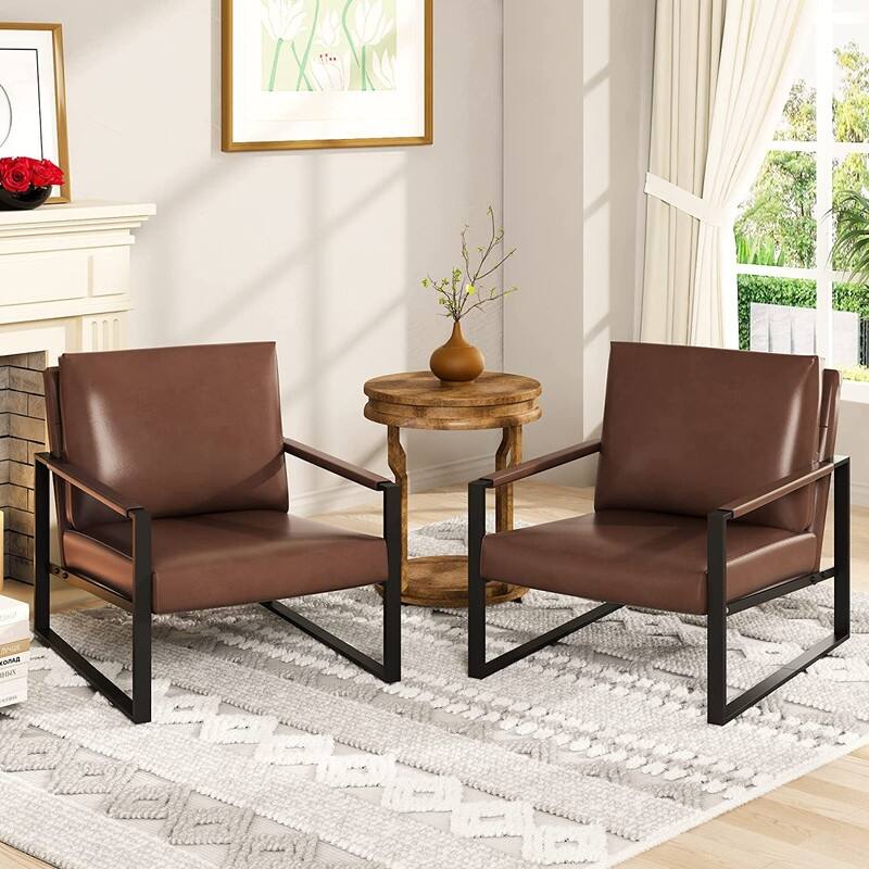 Eureka Modern Vintage Upholstered PU Leather Armchairs, Mid Century Accent Chairs with Steel Frame, Leisure Chairs (Set of 2)