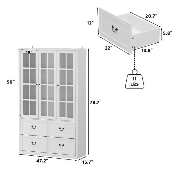 dimension image slide 8 of 10, Modular Glass Doors Display Cabinet Combo Bookcase Home Office Pantry