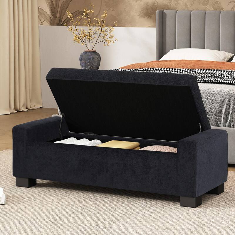 Rectangular Storage Ottoman - 50" Textured Fabric & Wood Base - Dark Blue