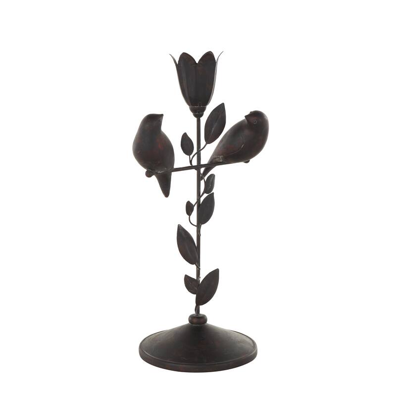 Black Polystone Perching Bird Decorative Sculpture with Leaf Vine and Copper Shading