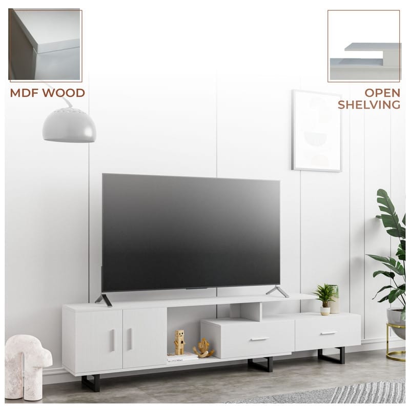 Avery 55 Inch Modern TV Stand with Steel Base, 2 Drawers, and Open Shelves - Entertainment Console for Living Room or Bedroom