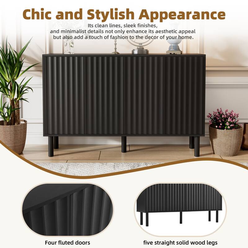 Cream Style Sideboard Buffet Cabinet with Fluted Doors, Large 4-Door Storage Cabinet with Adjustable Shelves