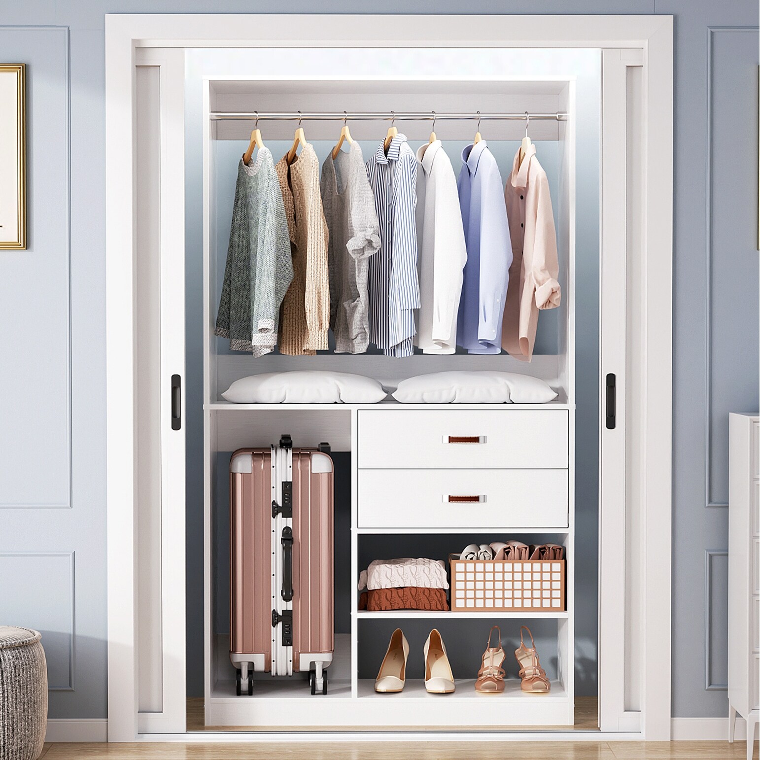 Geren Freestanding Walk in Closet Organizer System Hanging Rod Wardrobe with Wood Drawers