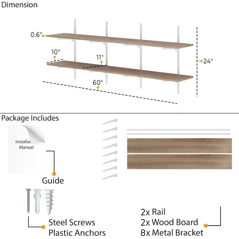 Wallniture Turin 60" Floating Shelves, Wall Bookshelf, Wood Shelf with Adjustable Brackets, Farmhouse, Tier & Finish Options