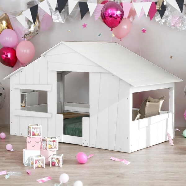 Kids and Baby Twin Size Wood House Bed With Roof,Window And