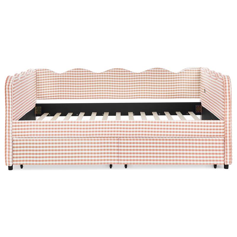 Full/Queen Gingham Daybed with 2 Storage Drawers, USB Port & Wave Shaped Linen Fabric