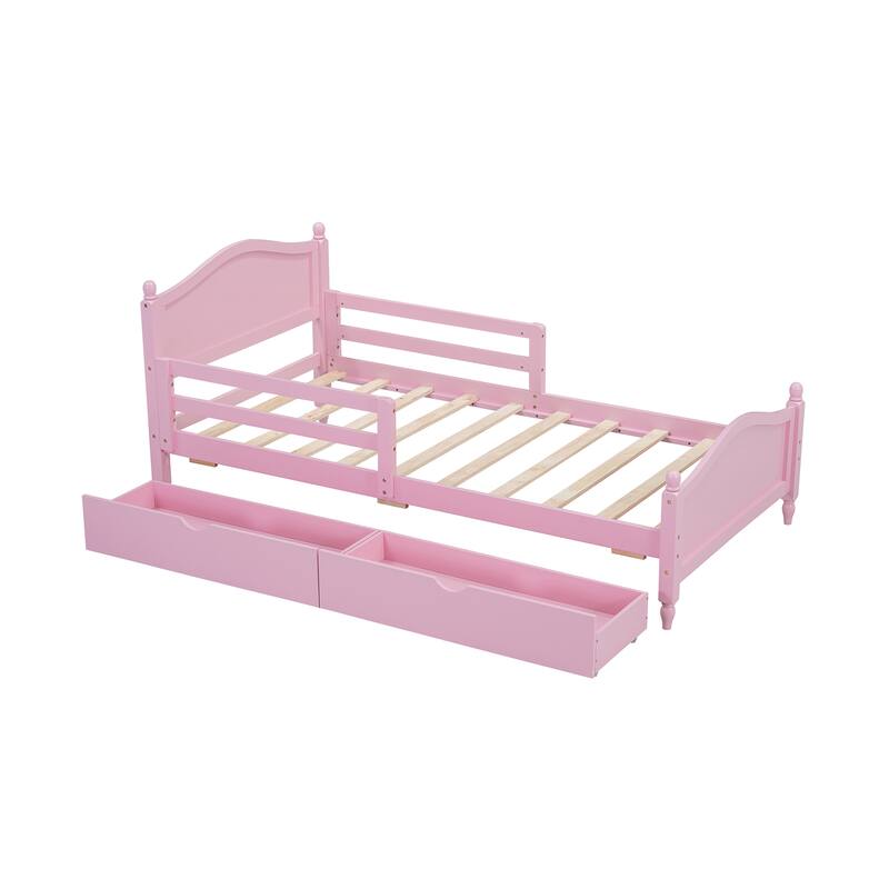Wood Platform Bed with Guardrails on Both Sides and Two Storage Drawers