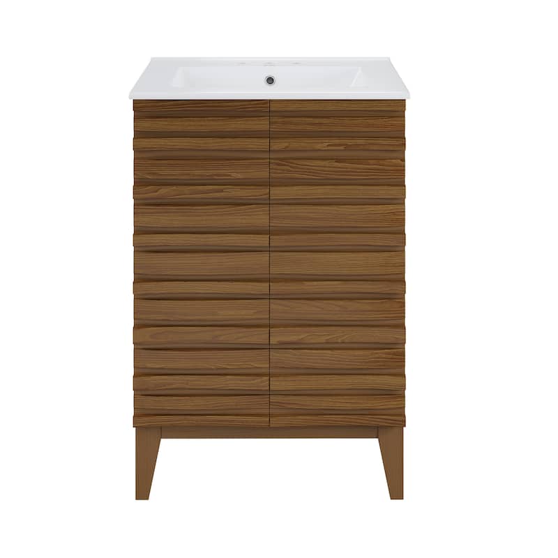 Cascade 24 In. Brown Oak Bathroom Vanity With White, 3-Hole Ceramic Sink Top