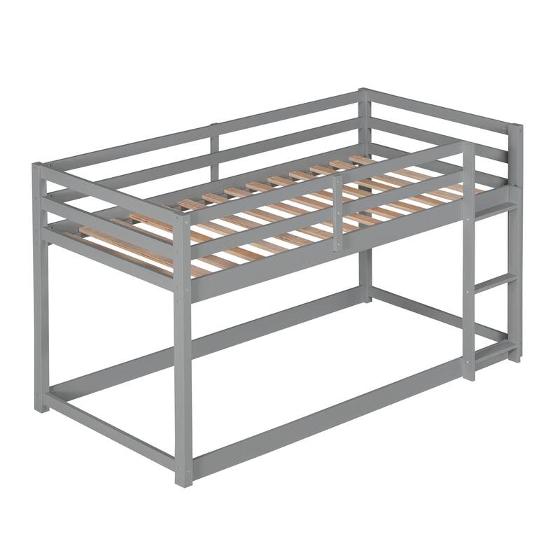 Twin over Twin Floor Bunk Bed with Ladder, Gray
