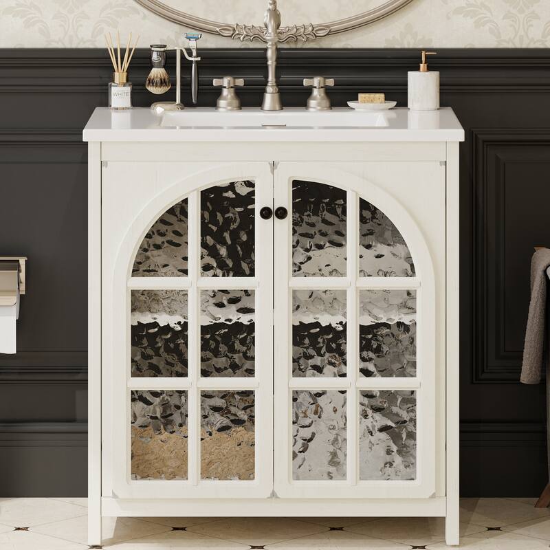 Bathroom Vanity with Sink, Freestanding Wood Bathroom Cabinet, Storage Cabinet with Tempered Glass Doors & Adjustable Shelves - Antique White