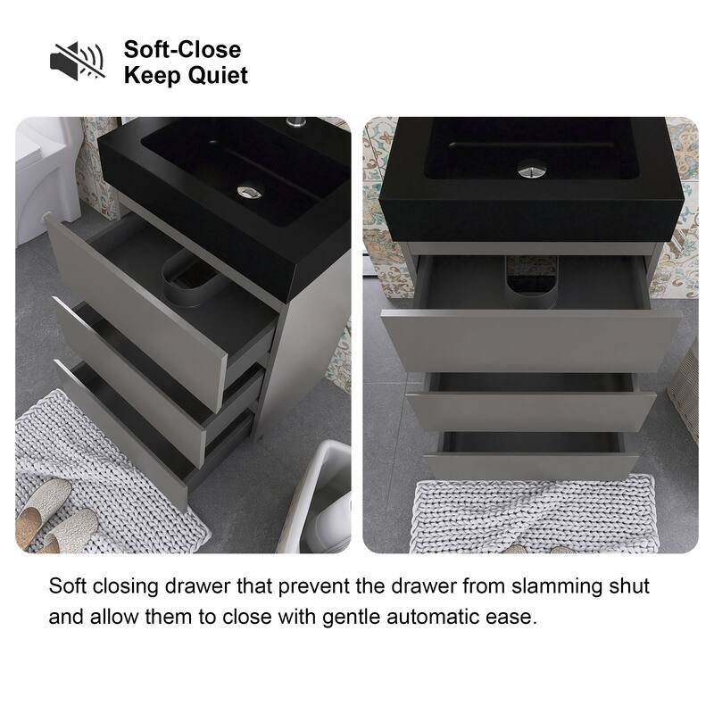 Freestanding Bathroom Vanity with Black Solid Surface Top