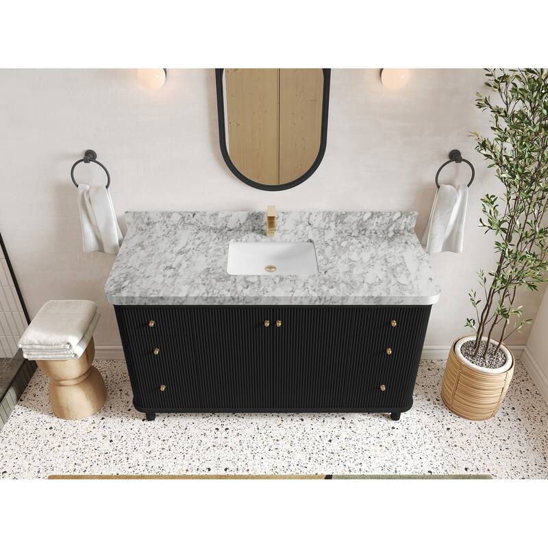 Willow Collections 60 in. W x 22 in. D Reeded Miami Single Bowl Sink Bathroom Vanity with Countertop - 2”Carrara Marble - Black