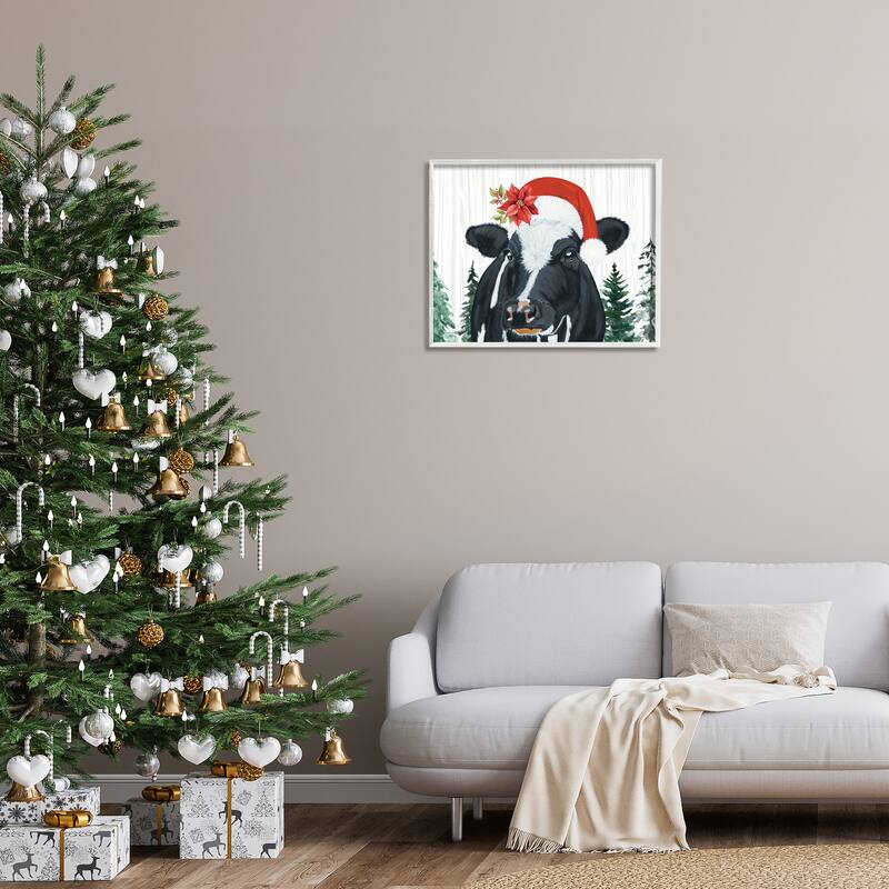 Stupell Christmas Hat Cow Portrait Framed Giclee Art Design By Ashley Justice