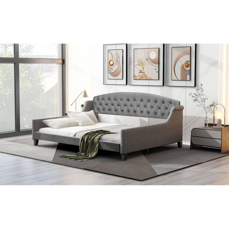 Gray Luxury Full Size Velvet Daybed with Button Tufted Backrest