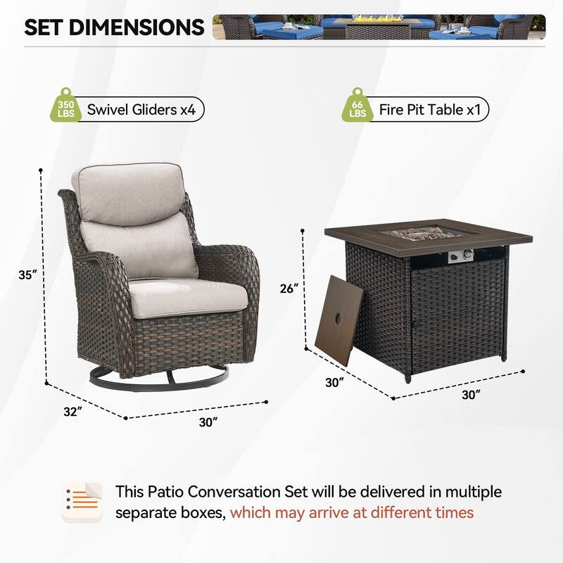 Outdoor Gliders Chairs with Fire Pit Table with 5-Inch Thick Cushions