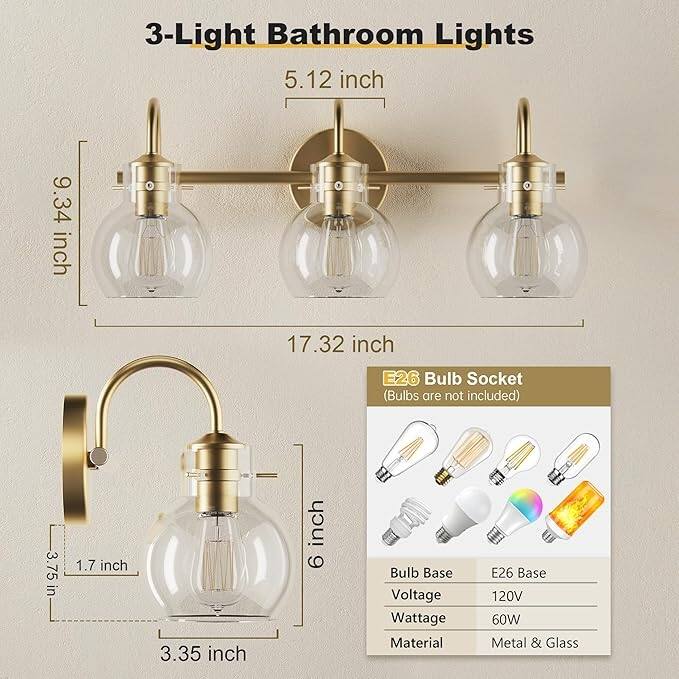 Modern 2/3/4 Bathroom Vanity Lights Clear Globe Glass Shade