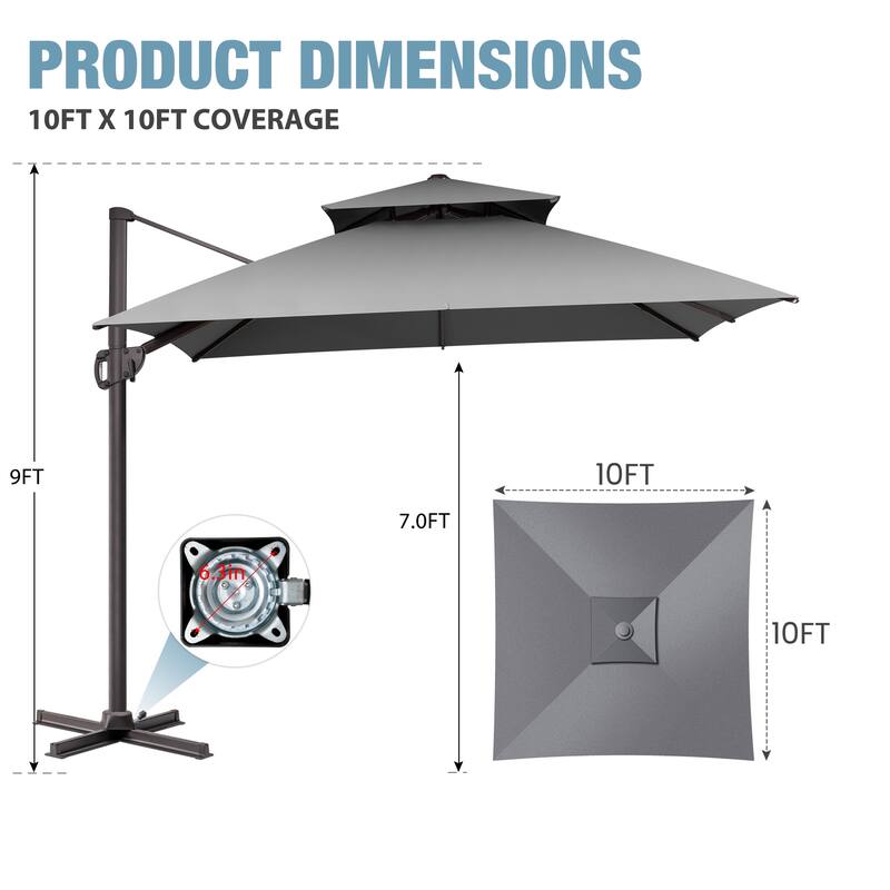 VredHom Double Top 10x10 FT Square Patio Cantilever Umbrella with Cross Stand