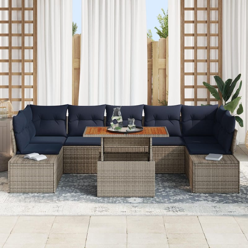 vidaXL 8 Garden Sofa Set with Cushions Black/Grey Poly Rattan - 113.8 x 60.6 x 27.2