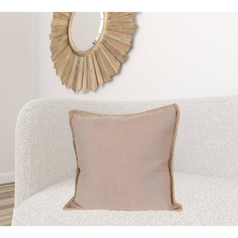 HomeRoots 24" X 24" Beige and Brown Polyester Zippered Pillow with Jute Trim