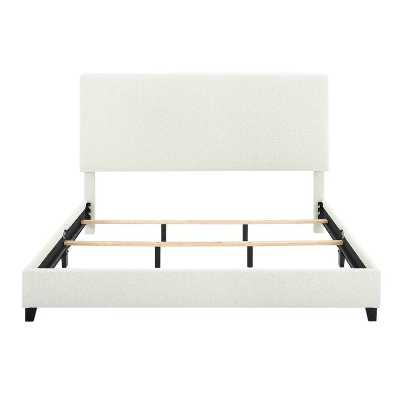 White Boucle Upholstered King Size Platform Bed with Padded Headboard