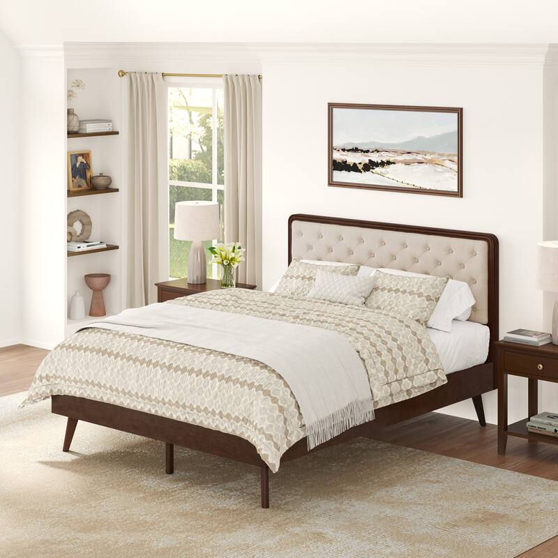 LUE BONA Solid Wood Panel Platform Bed with Button Tufted Headboard, Multi-Size wooden Rustic Bed Frame Bedroom Furniture