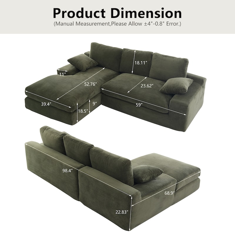 Corduroy Compressed Sofa Couch with 3 Back Cushions and 2 Throw Pillows, Soft Cloud Sofa for Living Room