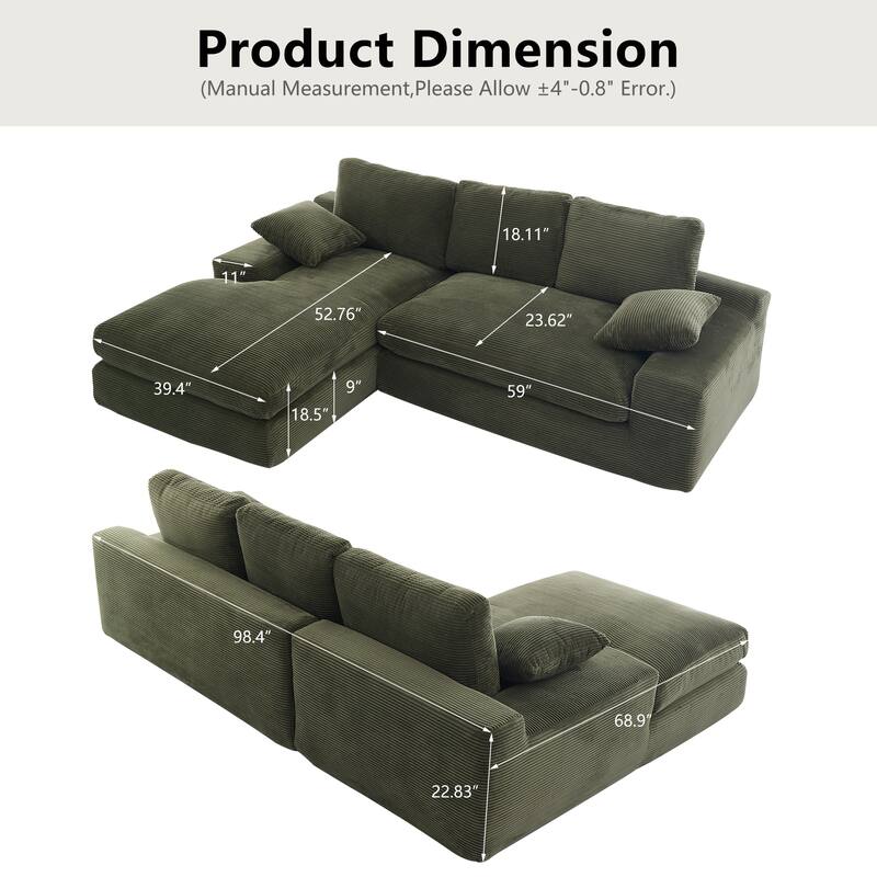Roomfitters Corduroy Compressed Sofa with 3 Back Cushions & 2 Pillows, Soft Skin-Friendly Couch for Cozy Living Room