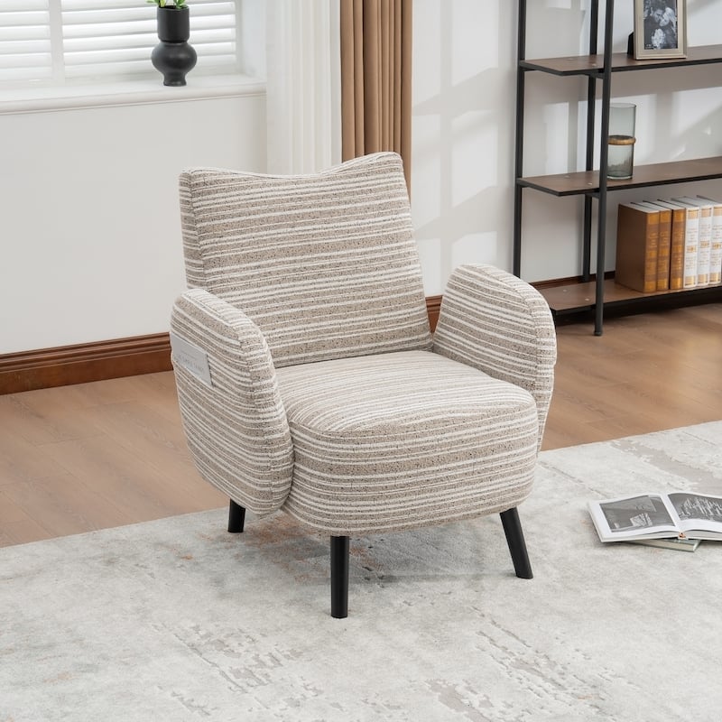 HOMEFUN Boucle Upholstered Stripes Comfortable Wood Frame Single Armchair with Side Pocket - Khaki