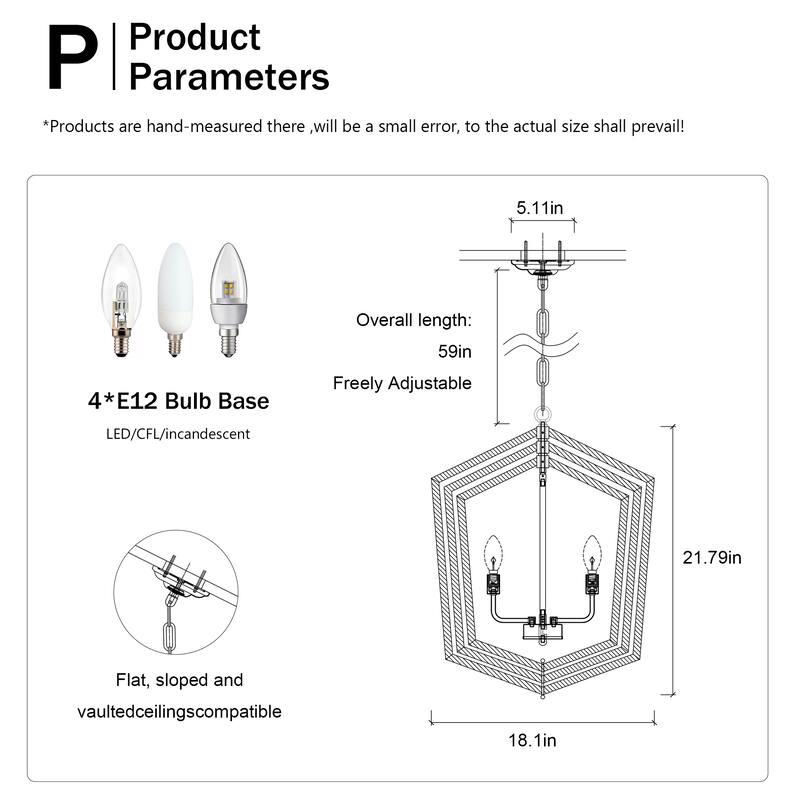 Anmytek 4-Light Farmhouse Cage Chandelier Black Silver Adjustable Height E12 Bulbs Not Included