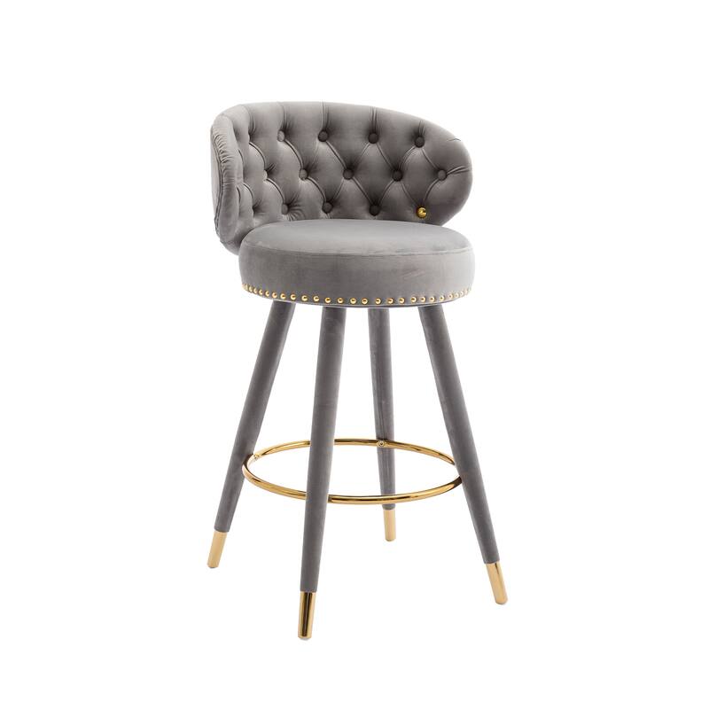 Set of 2 Counter Height Velvet Bar Stools with Solid Wood Legs