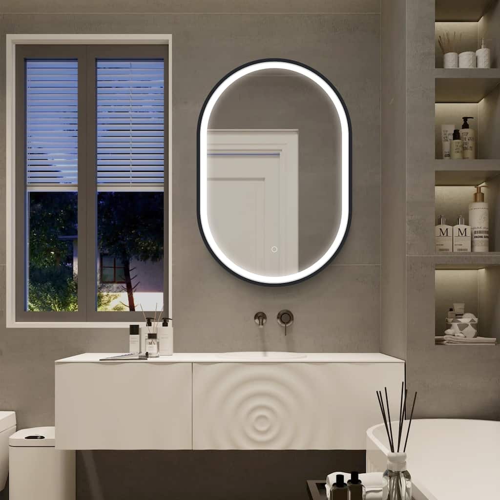 31x21 inches LED Oval Black Metal Framed Wall mount Bathroom Medicine Cabinet with Mirror