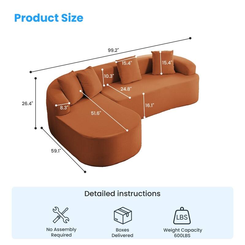 Mixoy 99inch Chenille L Shape Sectional Sofa with Curved Chaise,Modern Cloudy 3 Seater Sofa - 99.2''*59.1''*26.4''