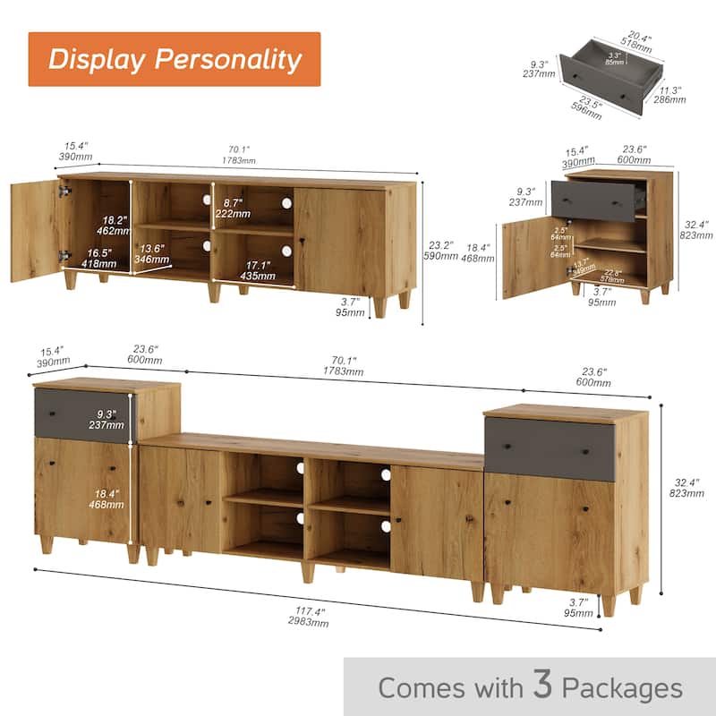 WAMPAT 3 in 1 TV Stand with Cabinets and Drawers for 75 inch TVs
