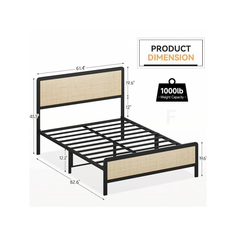 Boho Platform Bed Frame with Rattan Headboard, Heavy-Duty Metal Slat Support