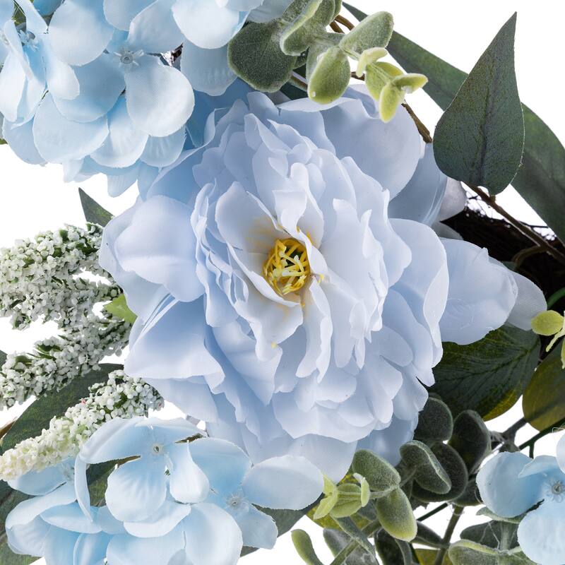 Glitzhome 18"H Blue Peony & Hydrangea with Ceramic Vase Centerpiece