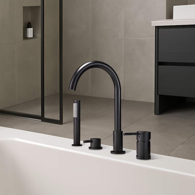 Modland Double Handle Deck Mounted Black Tub Faucet With High-pressure Handheld Shower Head