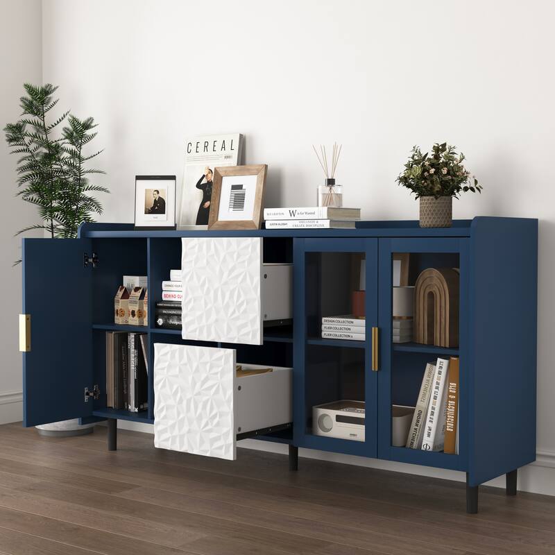 Coffee Bar Cabinet with 2 Drawers, Kitchen Pantry with 2 Glass Doors, Buffet Cabinet with 2 Open Storage Compartment