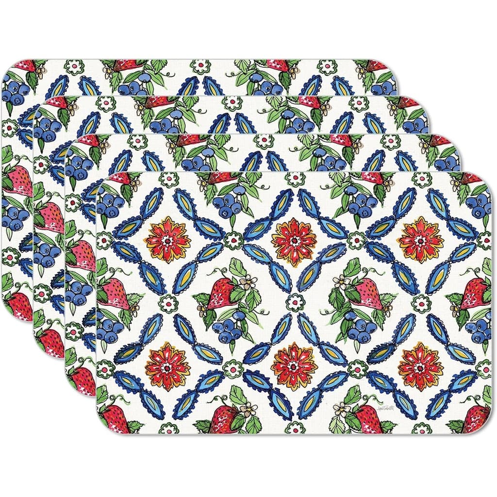 Strawberry Garden 4 Pack Reversible Easy Care Flexible Plastic Placemats Made in The USA BPA Free Easily Wipes Clean