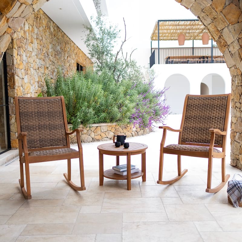 Cambridge Casual Camden 3-Piece Solid Teak Wood Outdoor Wicker Rocking Chair Set with Padded Woven Seat - Teak Wood/ Brown Wicker