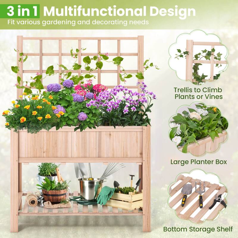 Costway Raised Garden Bed Elevated Wooden Planter Box with Trellis &
