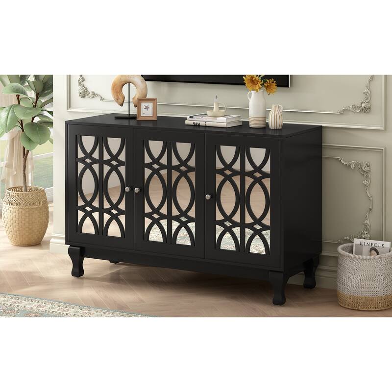 47" Mirrored TV Console for TVs up to 55", Floral Pattern Cabinet with Solid Wood Legs, 3-Door Storage & Adjustable Shelves
