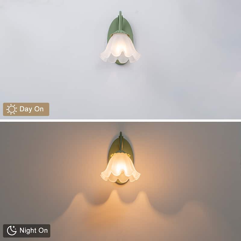 Green Metal Flower Frosted Glass Wall Sconce for Bathroom Vanity