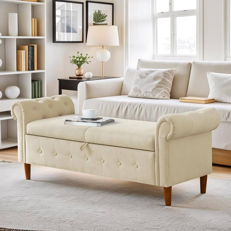 Multipurpose Rectangular Linen Sofa Stool with Large Space Saving Storage, 4 Rubber Wood Feet - 63 x 22.1 x 24.1 inch