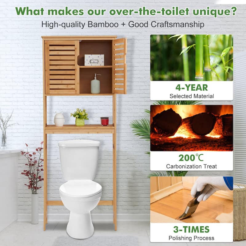 Kinbor Bamboo Over-The-Toilet Organizer Cabinet, Bathroom Storage Shelf with Doors and Shelves Freestanding Space Saver
