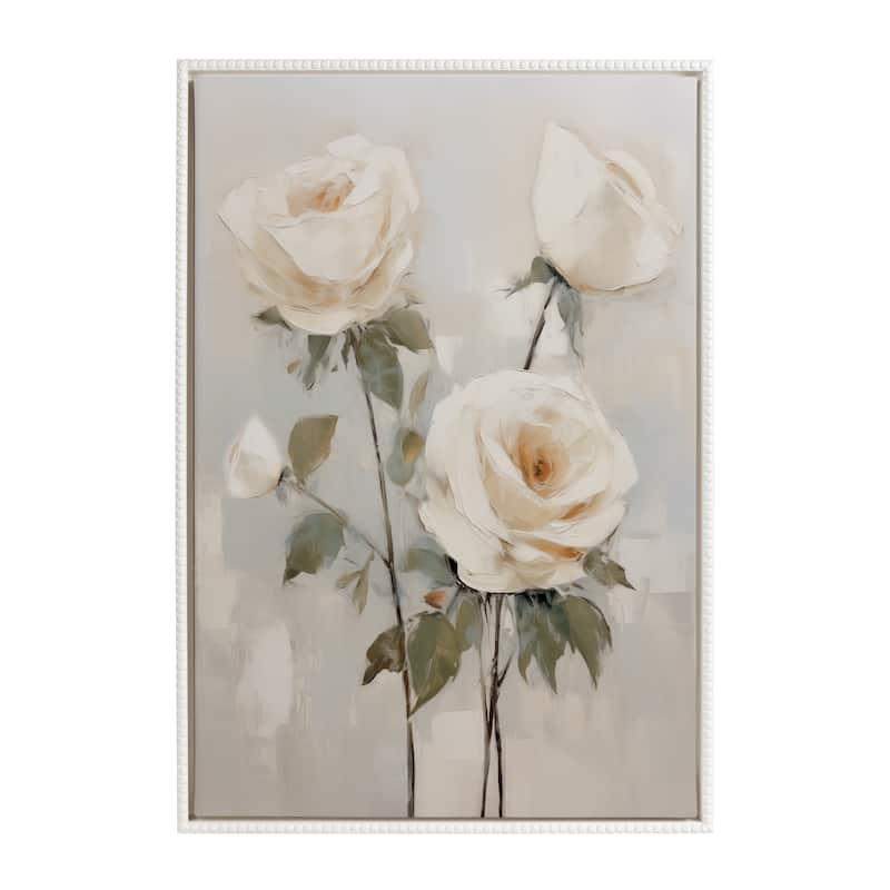 Kate and Laurel Sylvie Beaded Soft White Roses Framed Canvas