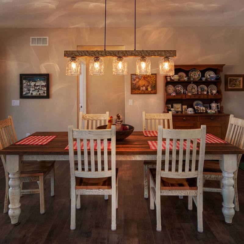 Farmhouse 5-Light Linear Island Pendant with Hammered Glass Shades and Antique Wood Finish